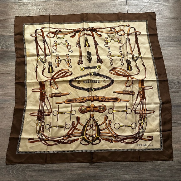 Celine Brown and Cream Equestrian Silk Scarf - Picture 1 of 3